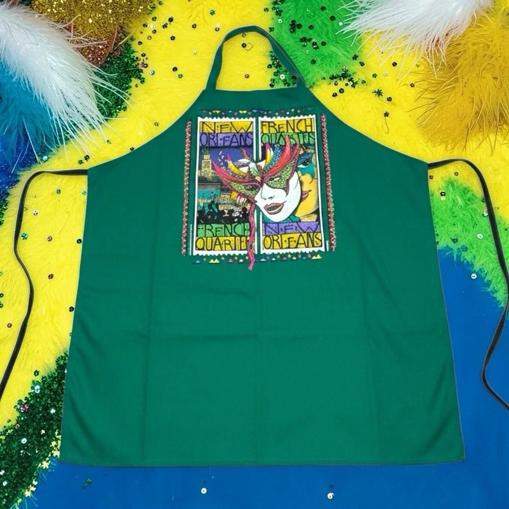 Vintage 1990 New Orleans French Quarter Mardi Gras Apron Mask‎ Green Souvenir